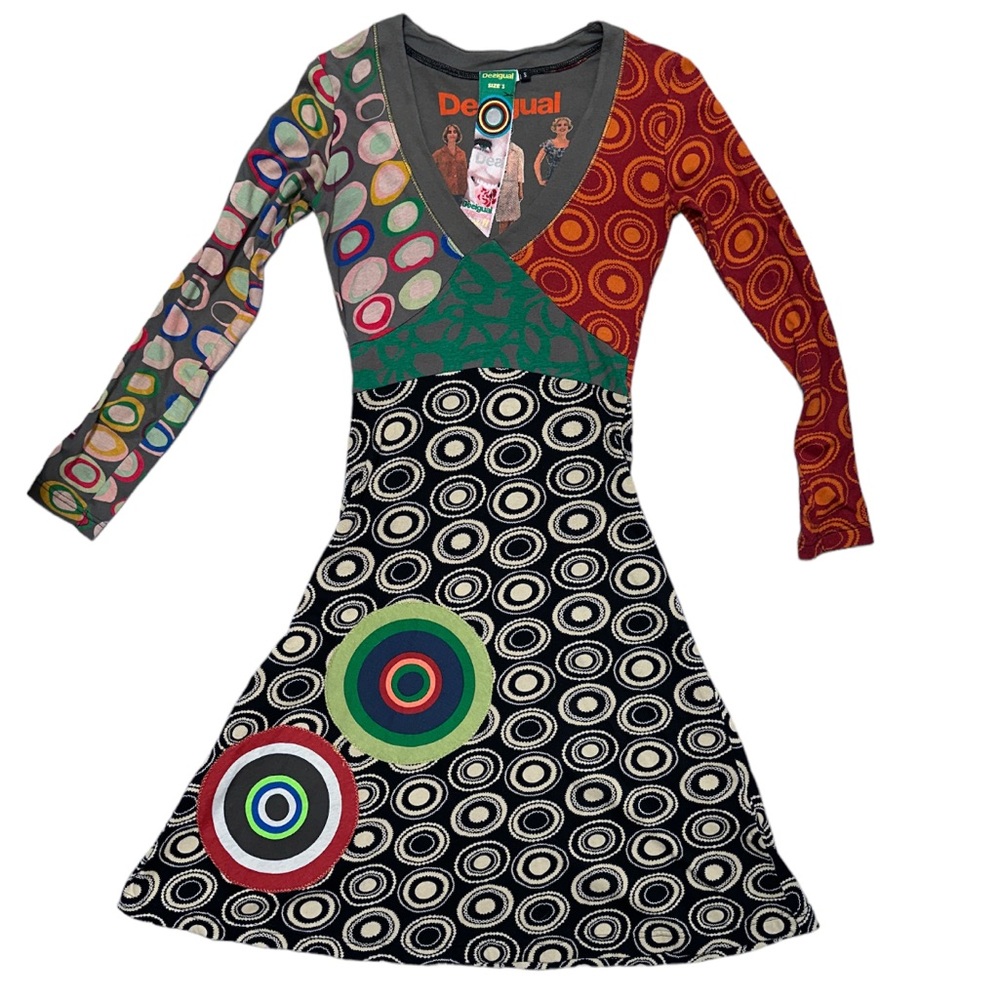 Desigual Long Sleeve Retro V-Neck Dress Multicolor Circular Pattern Mixed Media